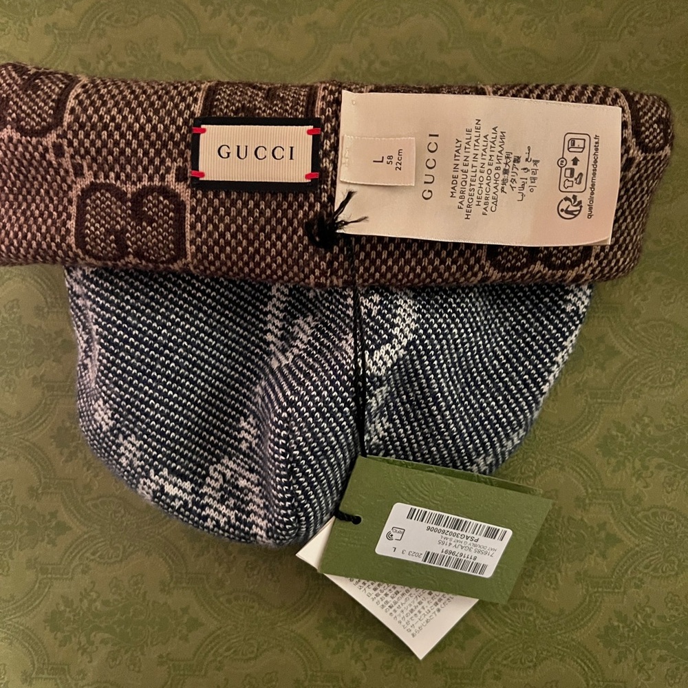 Gucci Monogram Brown, Denim Blue and White Beanie - Picture 2 of 5